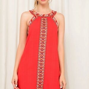 THML Red Geometric Aztec Western Embroidered Halter Mini Dress SzS Western Boho